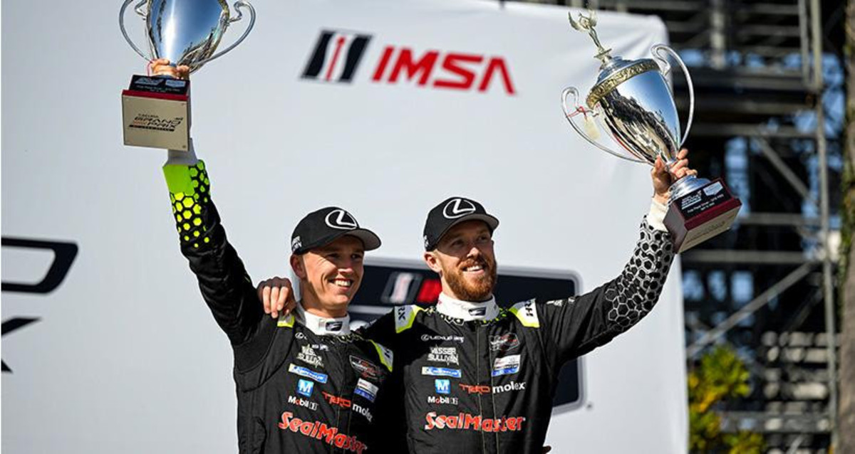 GTD PRO class winners Jack Hawksworth and Ben Barnicoat celebrate Saturday's win in their No. 14 Lexus RC F GT3. Photo courtesy IMSA.